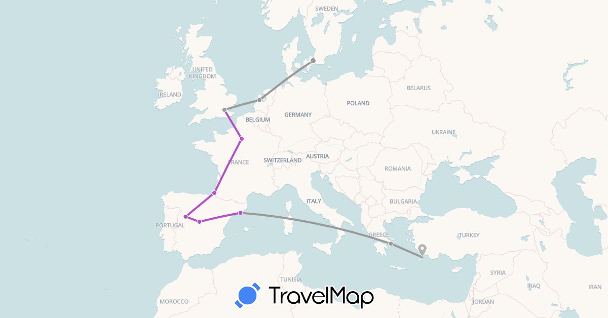 TravelMap itinerary: driving, plane, train in Denmark, Spain, France, United Kingdom, Greece, Netherlands (Europe)